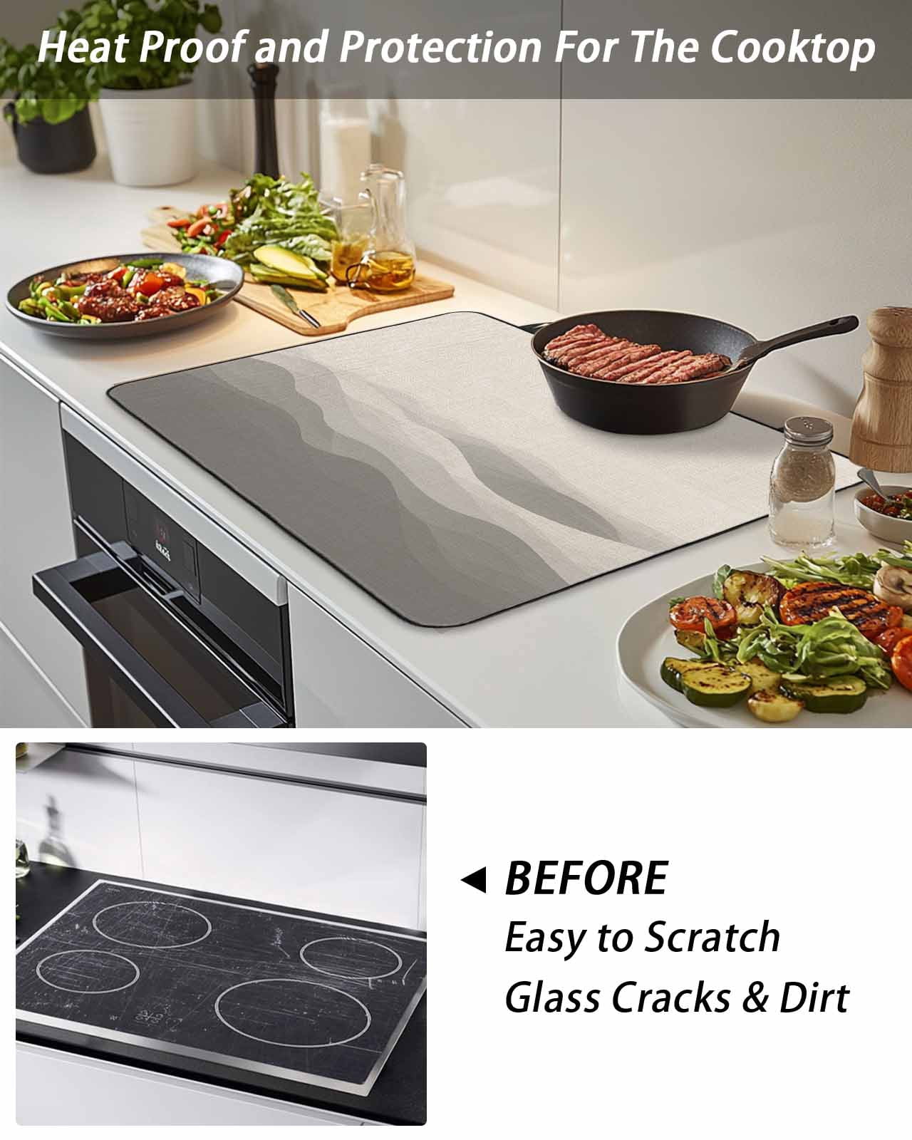 Stove Top Covers for Electric Stove, Grey Beige Ombre Glass Stovetop Cover Protector, Minimalist Ocean Waves Linen Induction Cooktop Protector Oven Mat for Kitchen Countertop 24"x21"