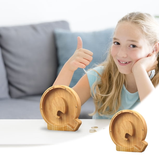 Lata de ahorro de madera con letras en inglés y cristal transparente.
