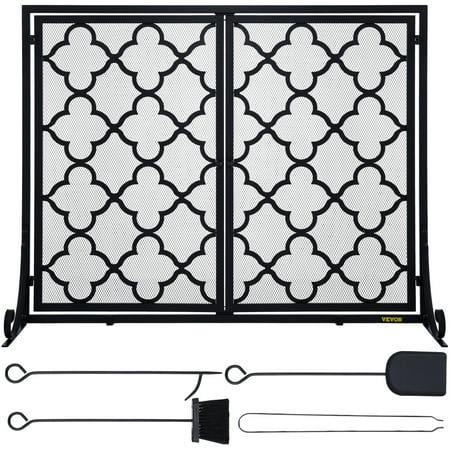 VEVOR Fireplace Screen  39 x 31 inch  Double Door Iron Freestanding Spark Guard with Support  Metal Mesh Craft  Broom Tong Shovel Poker Included for Fireplace Decoration & Protection  Black