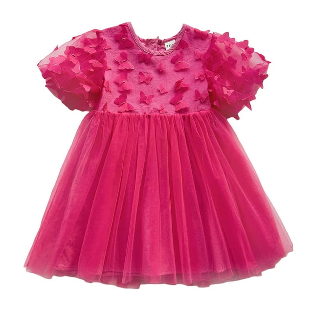 JIRNDf Robes de Bébé Fille à Fleurs pour Mariage Robe de Bal Élégante Fête Princesse Manches Courtes Décoration Maille Danse Formelle Robe d'Été Décontractée Rouge 6-12 Mois