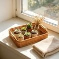thumbnail image 2 of Rectangular Plastic Rattan Serving Tray with Wooden Handles, Hand Woven Storage Basket, Multi-Purpose Organizer Caddy for Kitchen Bathroom Coffee Table Countertop S, 2 of 6