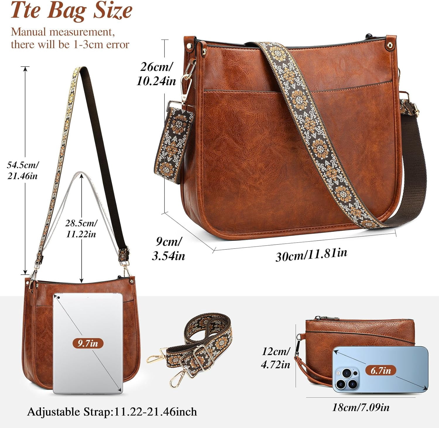 Crossbody Purse for Women Trendy Vegan Leather Hobo Bags for Women Handbags and Wallet 2PCS With Guitar Shoulder Strap