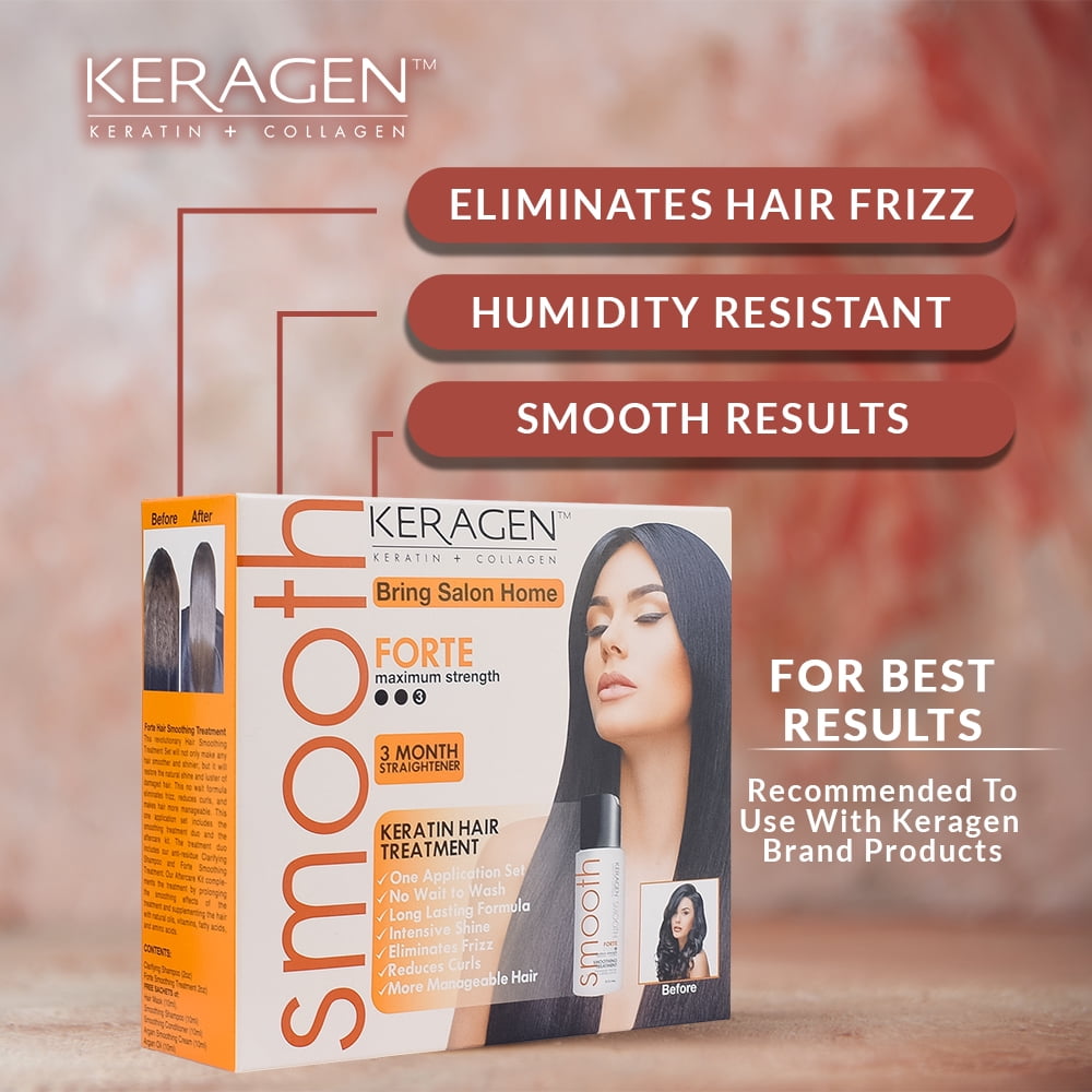 Keragen - Brazilian Keratin Hair Smoothing Treatment Express Home Kit - Blowout Straightening System, with 2 Oz Forte Treatment, 2 Oz Clarifying Shampoo and Aftercare Samples