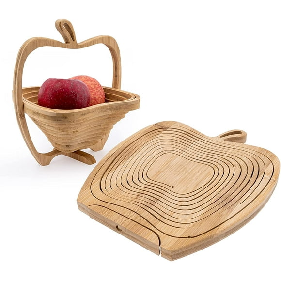 Collapsible Apple Shaped Bamboo Fruit Basket- Dried Fruit Basket Tray Turns into Basket Wooden Snack Box Fruit Bowl Holder for Kitchen Table Fruit Centerpiece Decor,9 x 8.5 Inches