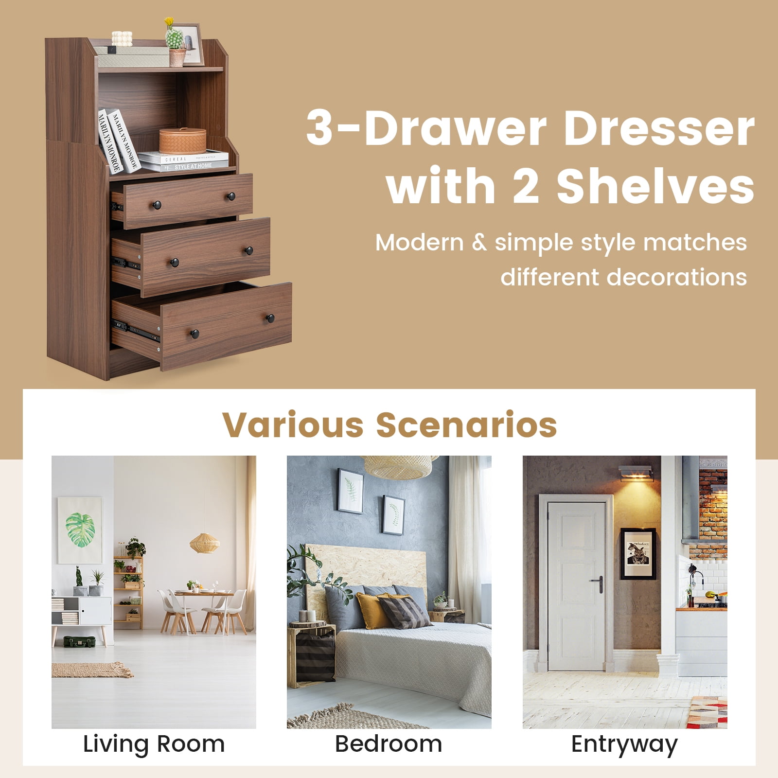 Giantex 3 Drawers Dresser for Bedroom, Storage Dresser Chest w/Anti-toppling Device, Tall Nightstand, Walnut