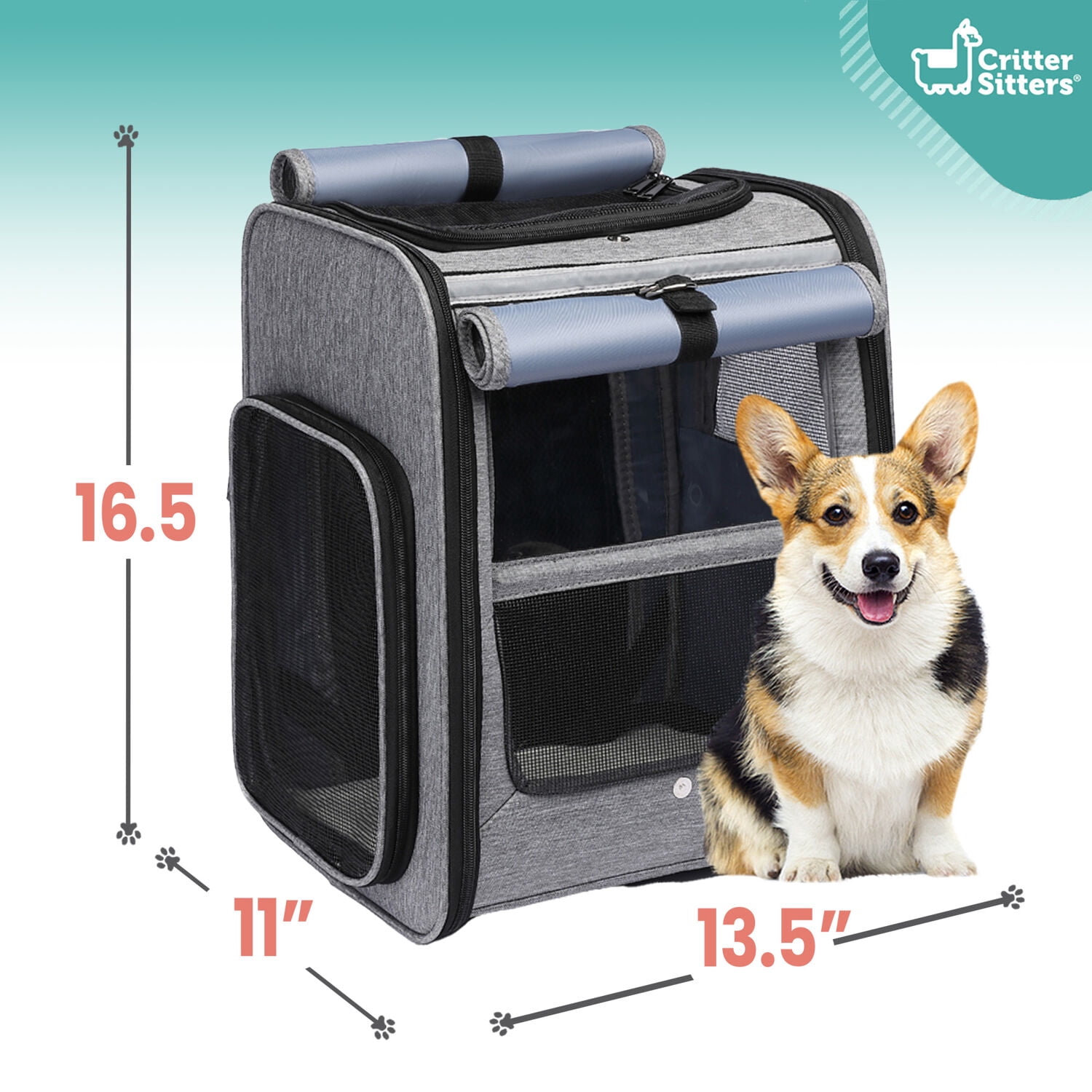 Critter Sitters Grey Pet Backpack for Small Dogs, Cats with Scratch Resistant Breathable Mesh Windows | Airline Carry-On Approved | Safety Leash | Storage Pockets | Durable Transporation for Animals