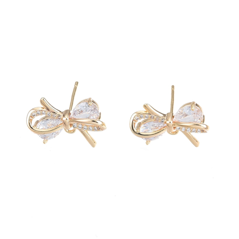 10 Pair Brass Micro Pave Clear Cubic Zirconia Stud Earring Findings Nickel Free Bowknot Real 18K Gold Plated 12.5x17.5mm Hole: 1.2mm