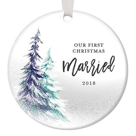 Our First Christmas 2019, 1st Married Ornament, Best Wedding Gifts for Couple Xmas Mr and Mrs Together Man Woman Gay Present Ceramic 3