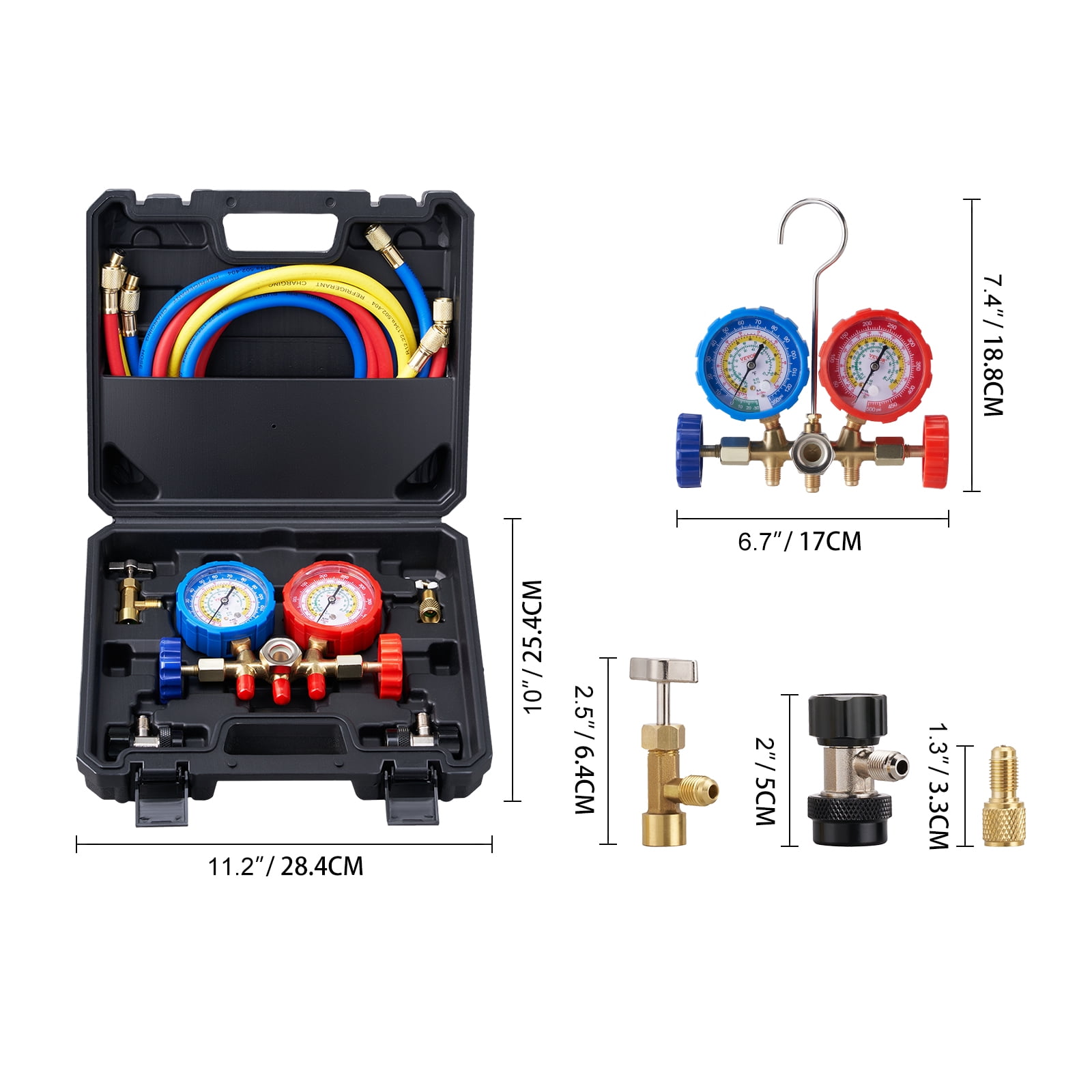 VEVOR AC Gauge Set - 3 Way AC Manifold Gauge Set for R134A R22 R12 R502 Refrigerant, Freon Gauges with 5ft Hoses, Couplers, Can Tap Works on Car Auto Freon Charging and Evacuation