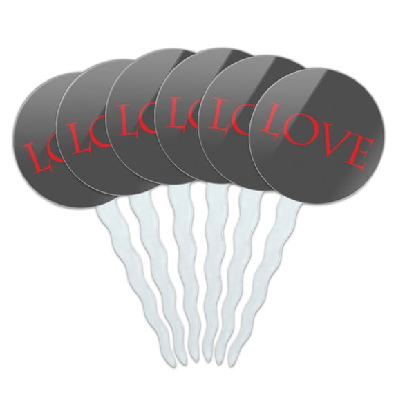 Love Script Red Gray Wedding Anniversary Cupcake Picks Toppers - Set of 6