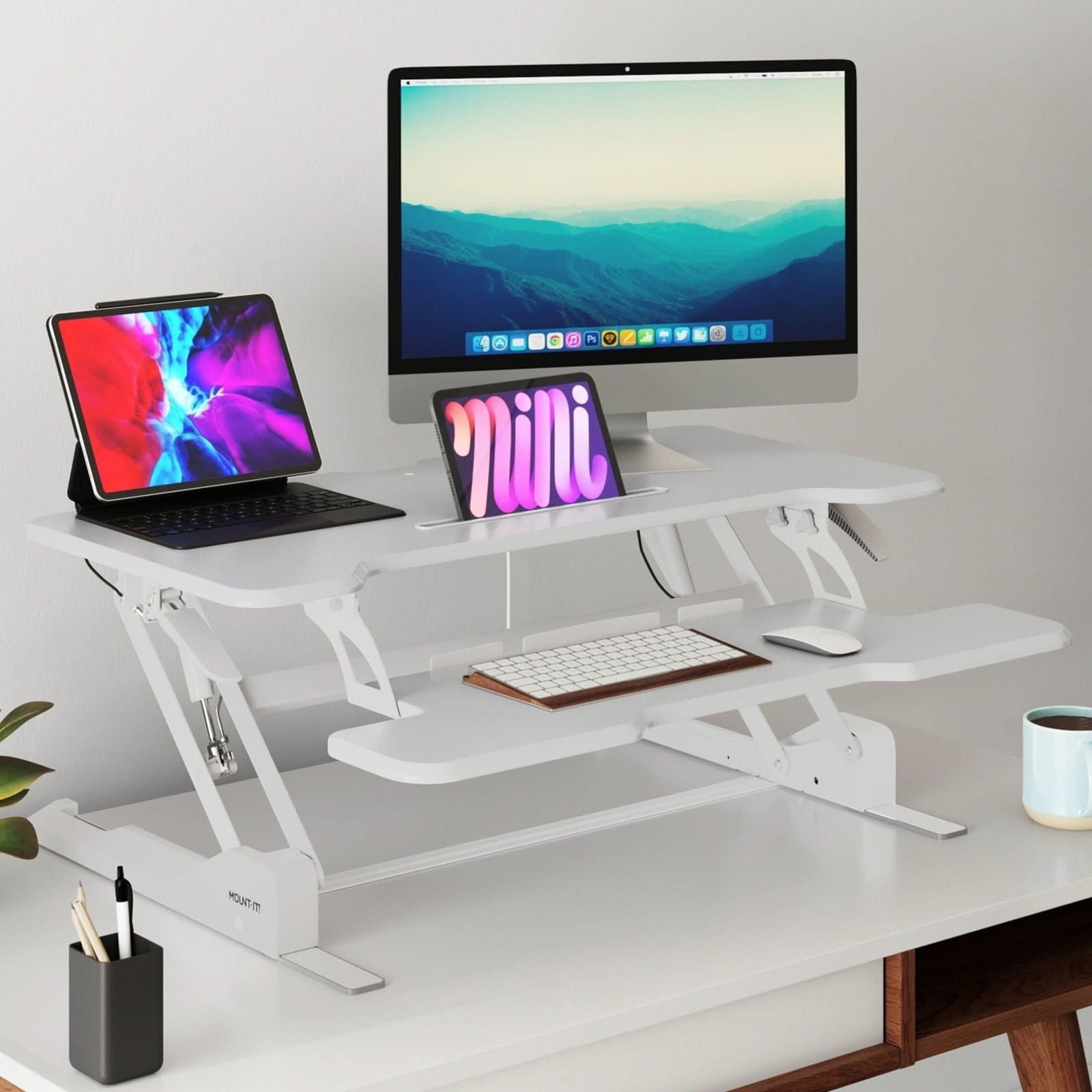 Mount-It! 38'' Standing Desk Converter – Height Adjustable Sit Stand Riser with Dual Monitor Space, Keyboard Tray & Device Slot – Gas Spring Lift, MDF Desktop, White
