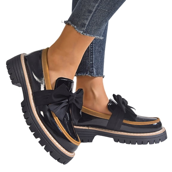 Rokment Bow Platform Oxfords Dress Penny Loafers Shoes for Women 2026 Fashion Casual Leather Bowknot Chunky Mid Heels Slip on Mary Jane Sneakers Spring Fall Black Size 6