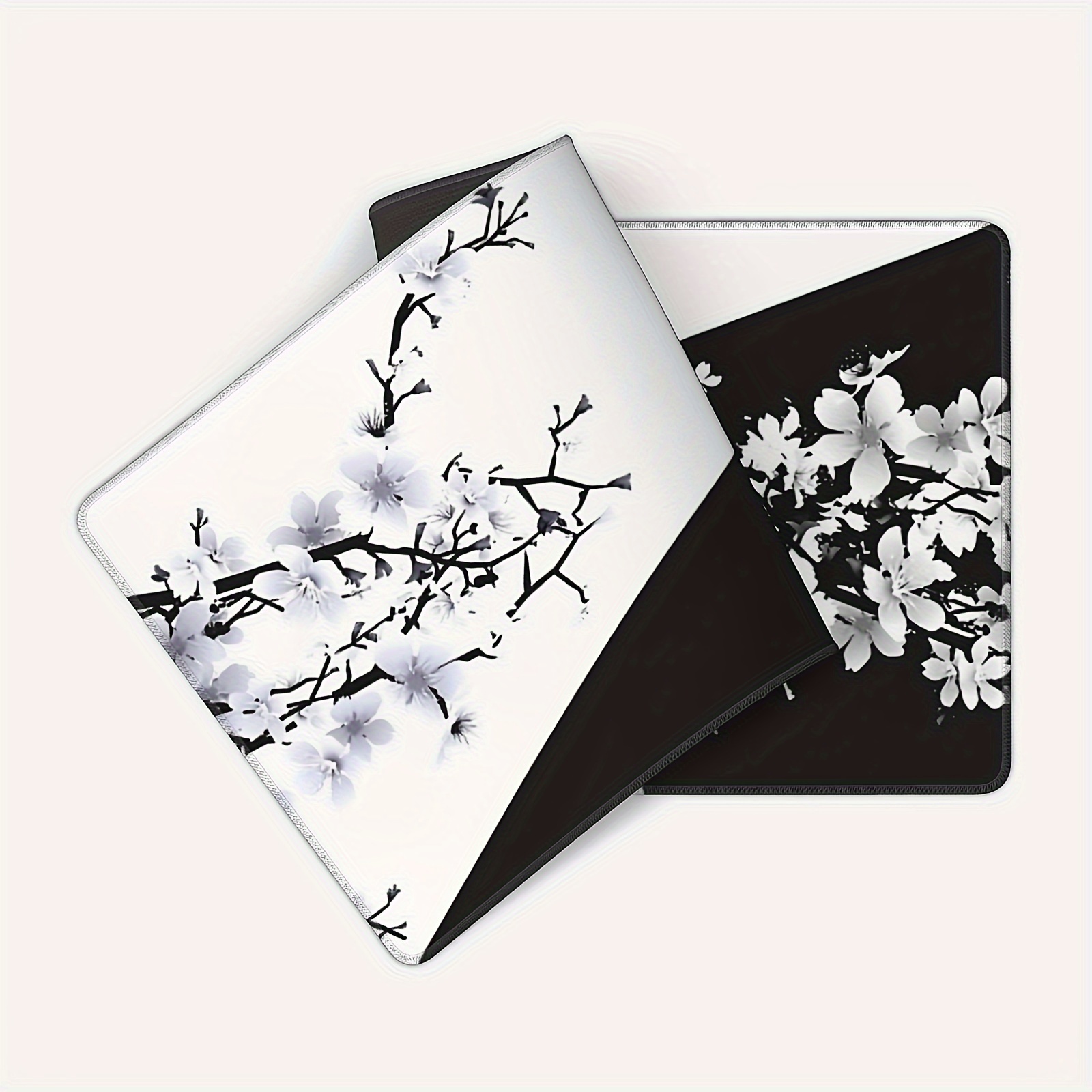 Black White Cherry Blossoms Mouse Pad Japanese Sakura Desk Mat 80X30cm Non-Slip Rubber Base Stitched Edge Large Play Mat For Keyboard Gaming Laptop Desktop,31.5×11.8 Inch