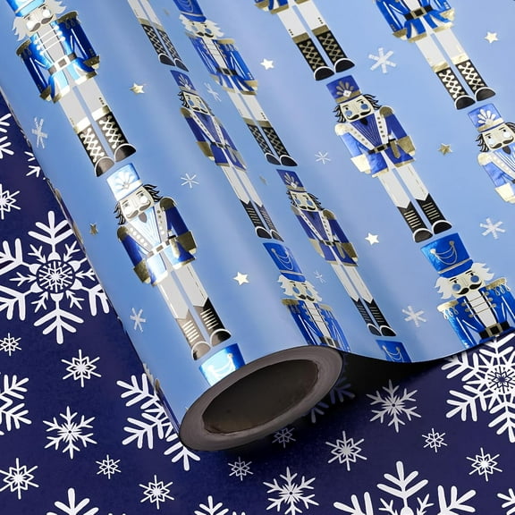 AUR Reversible Nutcracker Christmas Wrapping Paper - Mini Roll - 17 Inch x 33 Feet - Foil Blue Snowflakes and Nutcracker Wrapping Paper for Christmas Holiday, Party Celebration