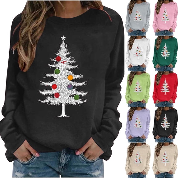 Horkkom Crew Neck Sweatshirts Women Christmas Tree Print Long Sleeve Christmas Sweatshirts Pullover Cute Casual Sweatshirts, S-2XL