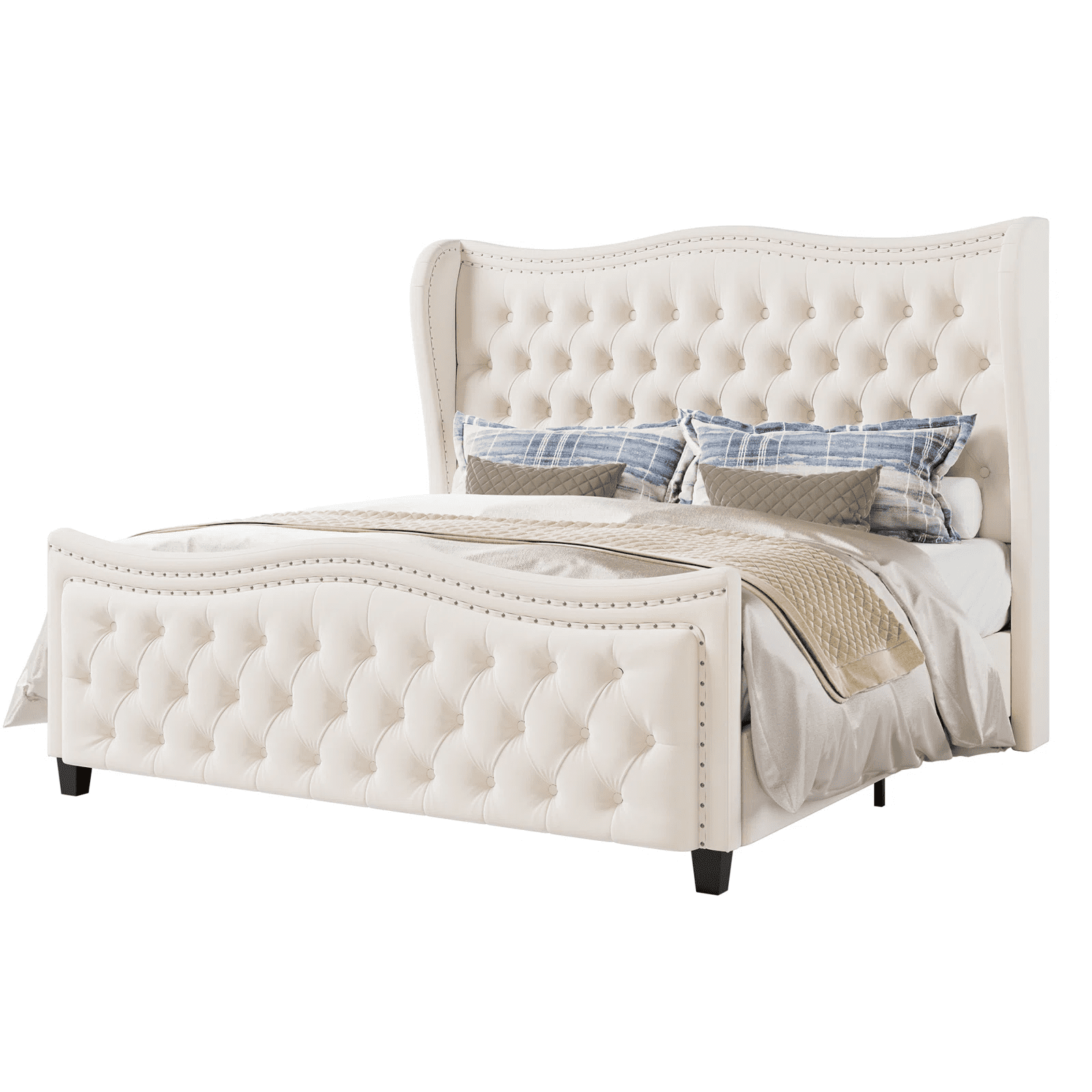 Homfa Queen Size Bed Frame, Modern Velvet Tufted Wingback Bed, Platform Bed with 55"H Upholstered Headboard, Off-White
