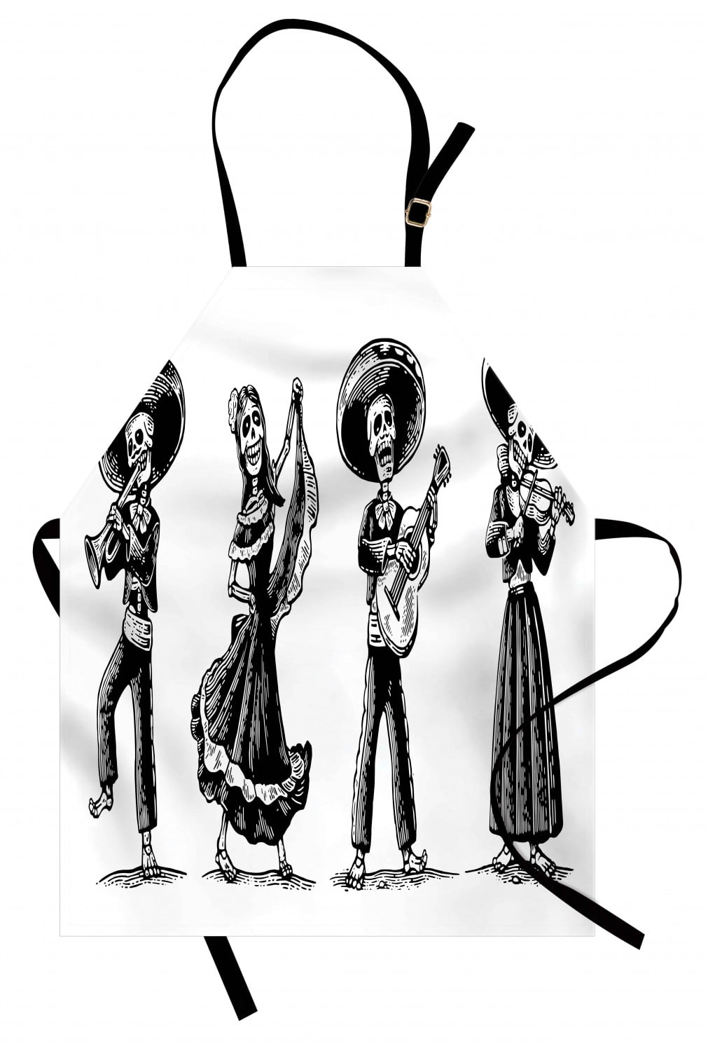 Dia De Los Muertos Apron, Day of the Dead Themed Sketch Skeletons Playing Music Dancing, Unisex Kitchen Bib with Adjustable Neck for Cooking Gardening, Adult Size, Charcoal Grey White, by Ambesonne