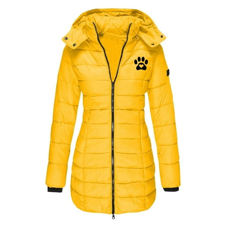 BLTIBY 2024 Puffer Jacket for Women Hoodies Autumn Winter Thicked Fleeced Solid Color Zip Long Sleeve Outerwear Mid Length Padded Coat with Pockets Yellow S