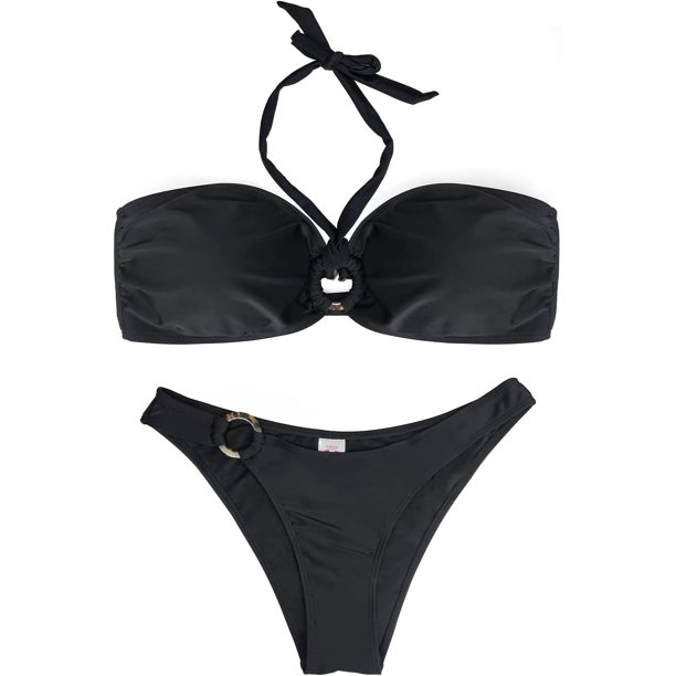 Trajes de baño Bandeau con Tirantes y Tirantes de Bikini con Abertura en el Frente y Anillo para Mujer Negro G Negro G Xishao ropa