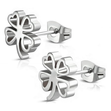 4 Leaf Clover Post Earrings - Stainless Steel Four Leaf Clover Shamrock Love Heart Cut-Out Stud Post Earrings