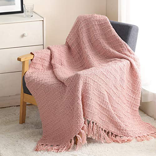 Chic Boho Style Textured Basket Weave Pattern Blanket with Decorative Fringe ZIGGUO Thick Chunky Pink Knitted Throw Blanket for Couch Chair Sofa Bed 50x60