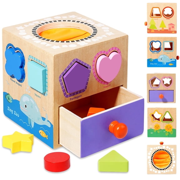 Style-Carry 5-in-1 Montessori Toys for 1 Year Old, Shape Sorting Activity Cube, Wooden Sensory Toys for Toddlers 1-3, Boys Girls Birthday Gift