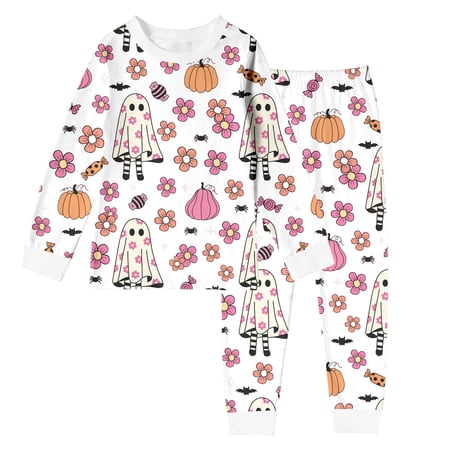 Bysome Boys Outfit Set Graphic Print Long Sleeve Crew Neck Tees With Pants Set Halloween Fashion Boys Outfit Size 7-8 Years White