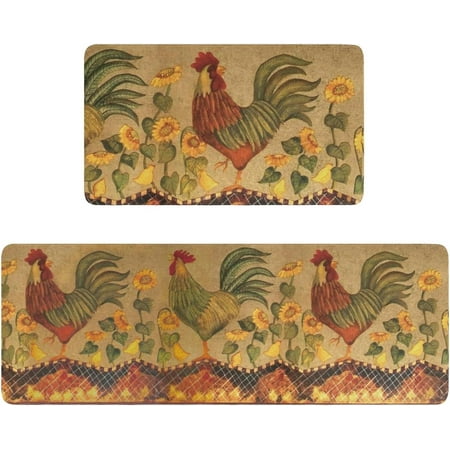 

Area Rooster Hen Kitchen Rugs Sets of 2 Large Floor Sunflower Mats Non Slip Carpet Retro Fuzzy Washable Pads 47x17 + 24x17 in