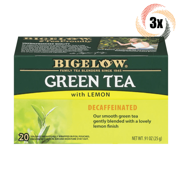 3x Boxes Bigelow Natural Green Tea With Lemon Decaffeinated | 20 Per Box | .91oz