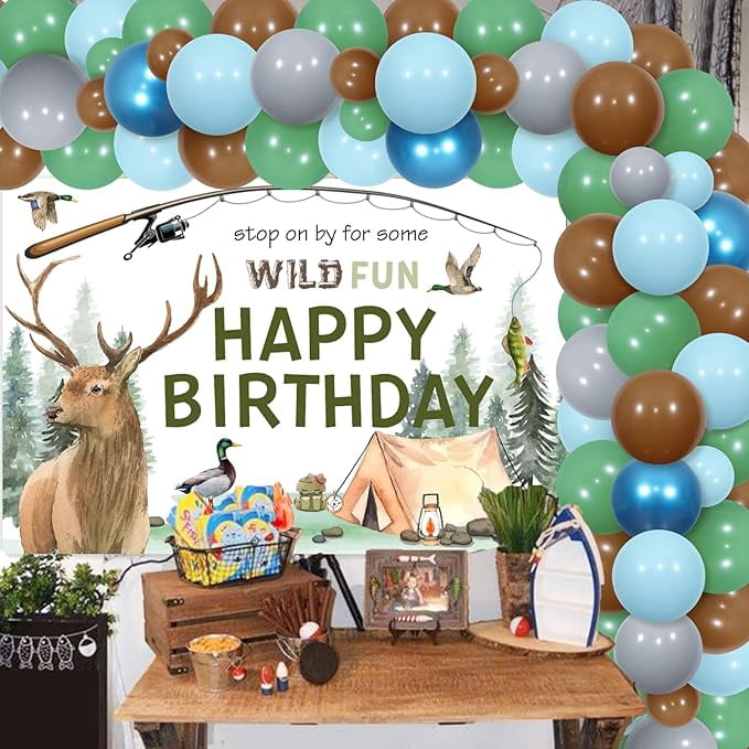 Hunting Fishing Birthday Decorations Boy, Fishing Theme Birthday Party Decorations, Green Blue Brown Balloon Arch with Wild Backdrop Deer Fish Outdoor Adventure Camping Background