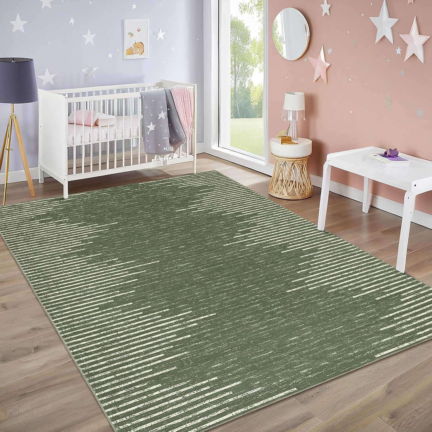 9x12 Washable Area Rug for Living Room Dining Room Distressed Stripes Office Carpet Non Slip Stain Resistant Farmhouse Floor Cover Green Rug