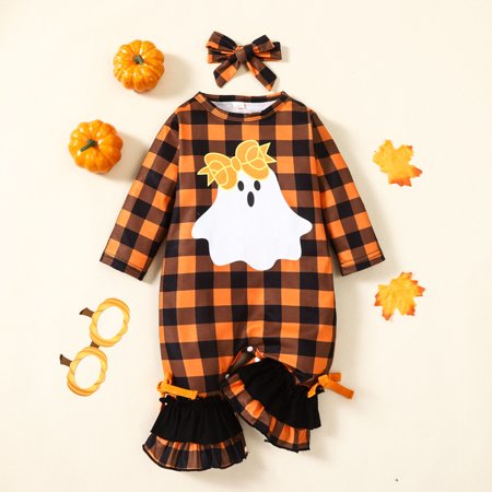 

BTJX Girls Long Sleeve Romper Plaid Cartoon Prints Flare Jumpsuit Headbands Set