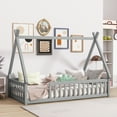 thumbnail image 3 of Twin Size Tent-Shaped Floor Bed, Teepee Bed with Guardrails, Slats, Grey, 3 of 9