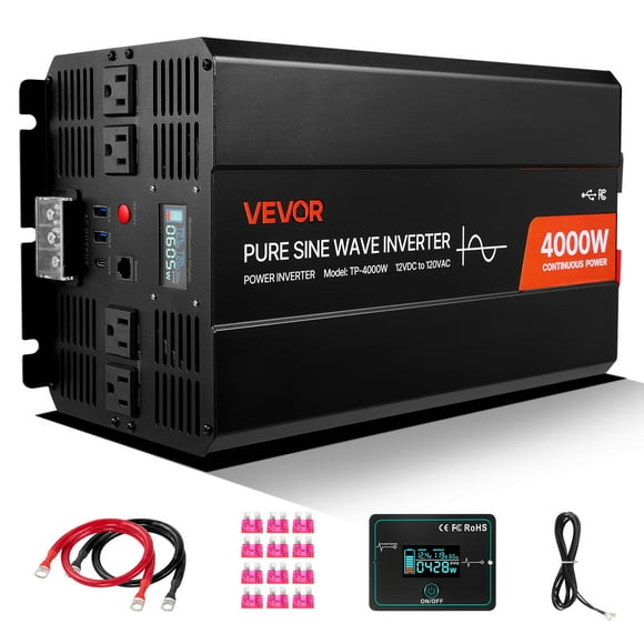VEVOR 4000W Power Inverter, 12V DC to 120V AC Pure Sine Wave Inverter, Solar Car Charger Converter with LCD Display, Remote Control