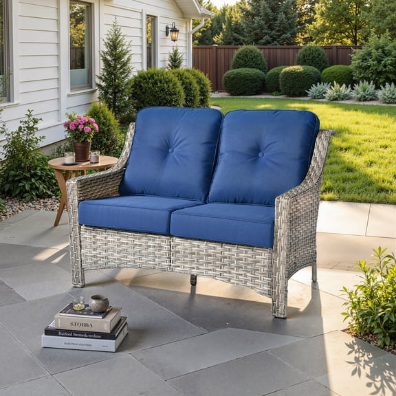 Ovios High-Back Outdoor Furniture Wicker Patio Conversation Set with Rocking Swivel Chairs for Backyard, Navy Blue