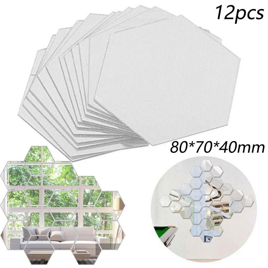 12PCS 3D Mirror Tiles Mosaic Wall Stickers Self Adhesive Bedroom Art Decal Home 