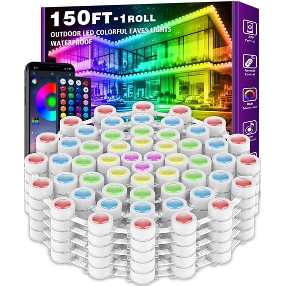 150FT Permanent Outdoor RGB Lights, IP67 Waterproof, App & Remote Control, Music Sync, DIY Scene Modes for Garden Christmas