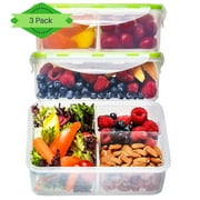 FIT Strong & Healthy Bento Box Meal Prep Lunch Box 3 Compartment Food Storage Containers with Lids Clear 3 Pack 39 oz