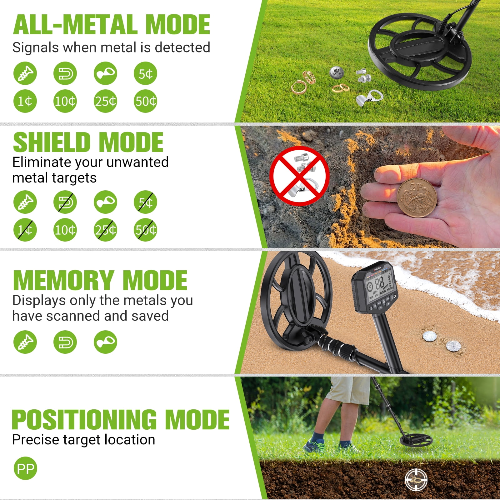 OneAmg Professional metal detector, suitable for adults and children, high-precision gold and silver detector, with LCD display, 5 modes, advanced DSP chip, 10-inch coil