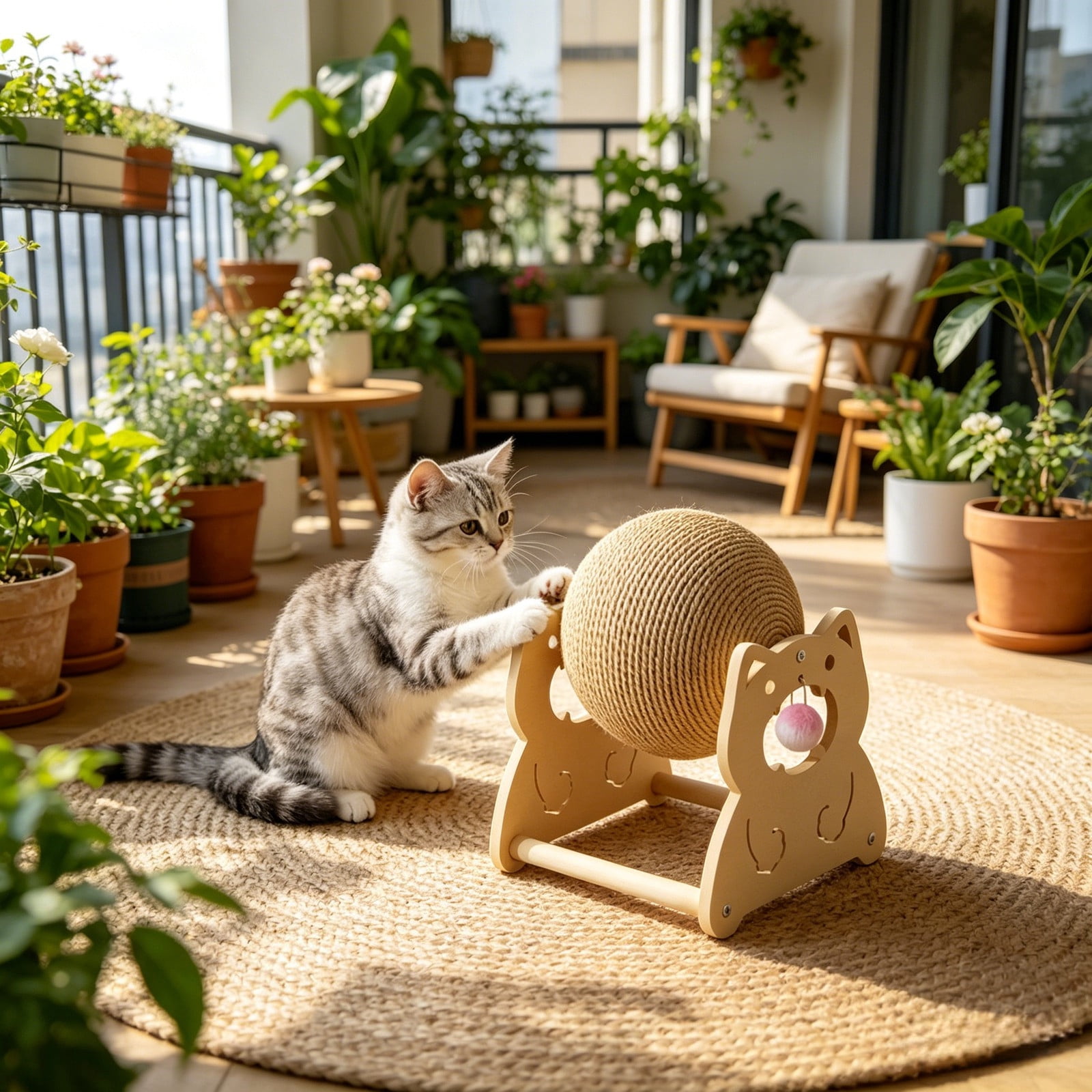 Wooden Cat Toy Cat Scratcher Ball with Natural Sisal Interactive Spinning Scratching Toy with Hanging Ball for Indoor Cats to Relieve Boredom Protect Furniture