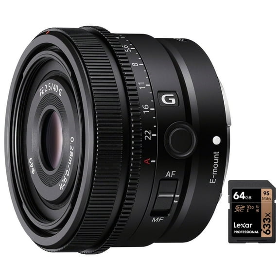 Sony SEL40F25G FE 40mm F2.5 G Full Frame Ultra Compact Prime G Lens for E-Mount Bundle with Lexar Professional 633x 64GB UHS-1 Class 10 SDXC Memory Card