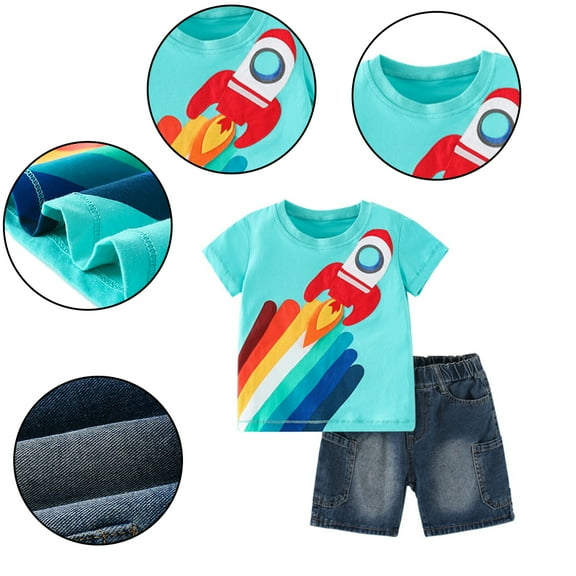 YTDSCS Kids Baby Boys Short Sleeve T-Shirt Outfits Toddler Summer Clothes Outfits Little Boy's Cartoon T-Shirt Denim Shorts Outfits Breathable Soft Summer Clothes,Size 1-8Years