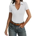 thumbnail image 2 of MIXUE Womens Summer Tops Solid Color Knit Ribbed V Neck Short Sleeve Slim Casual Basic Shirts For Women Tshirts Outwear,White,M, 2 of 4