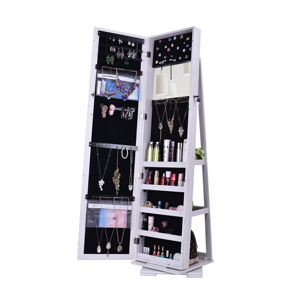 Kepooman 360 Degree Rotation Jewelry Mirror Armoire Organizer, Full-Length Body Dressing Mirror Jewelry Cabinet, White Kepooman 360 Degree Rotation Jewelry Mirror Armoire Organizer, Full-Length Body Dressing Mirror Jewelry Cabinet, White