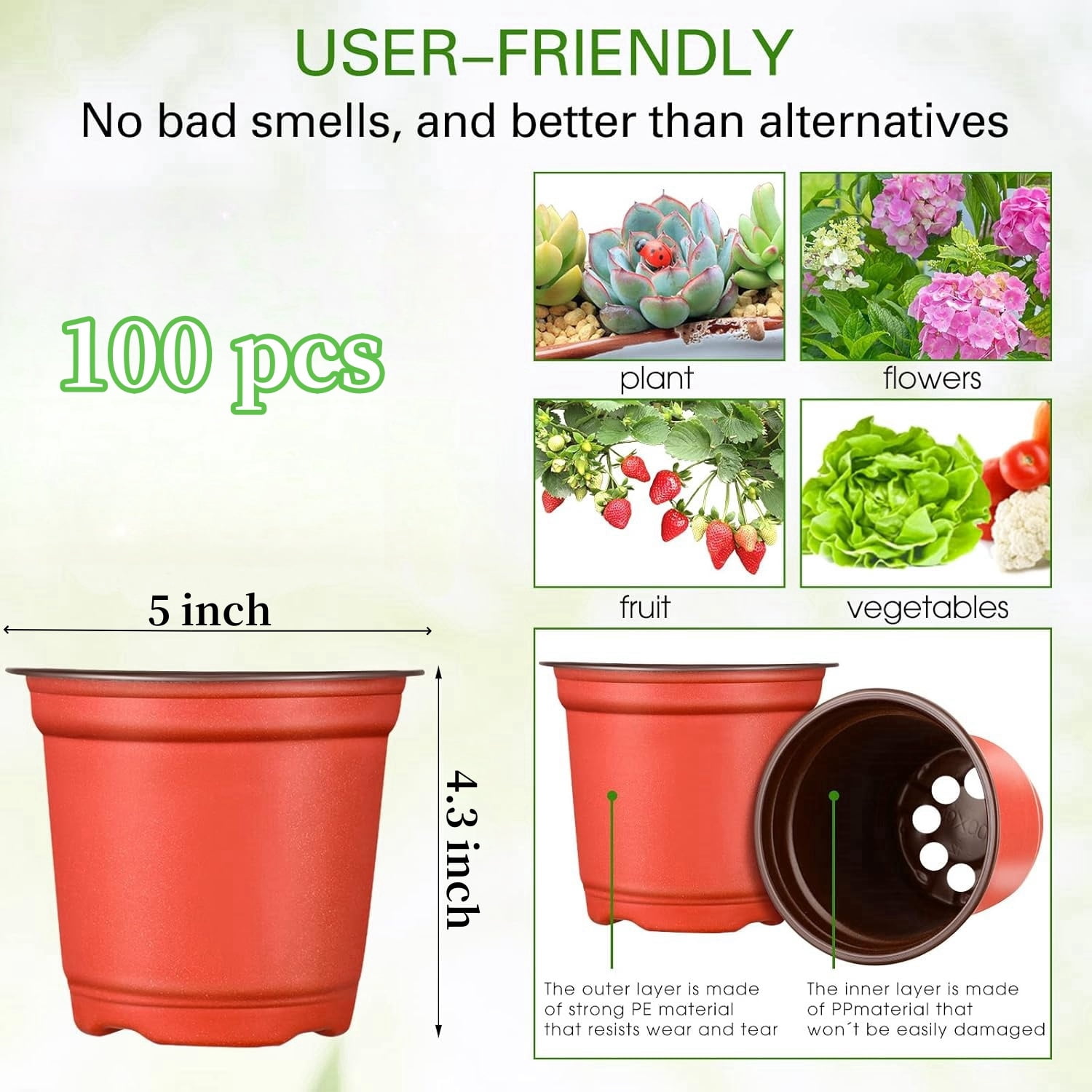 Plastic Plant Nursery Pots 100 Pcs Seed Starting Pots Flower Containers for Indoor Outdoor Plant,Seedlings Flower Plant Container for Succulent Seedling Cutting Transplanting,5 in,Red