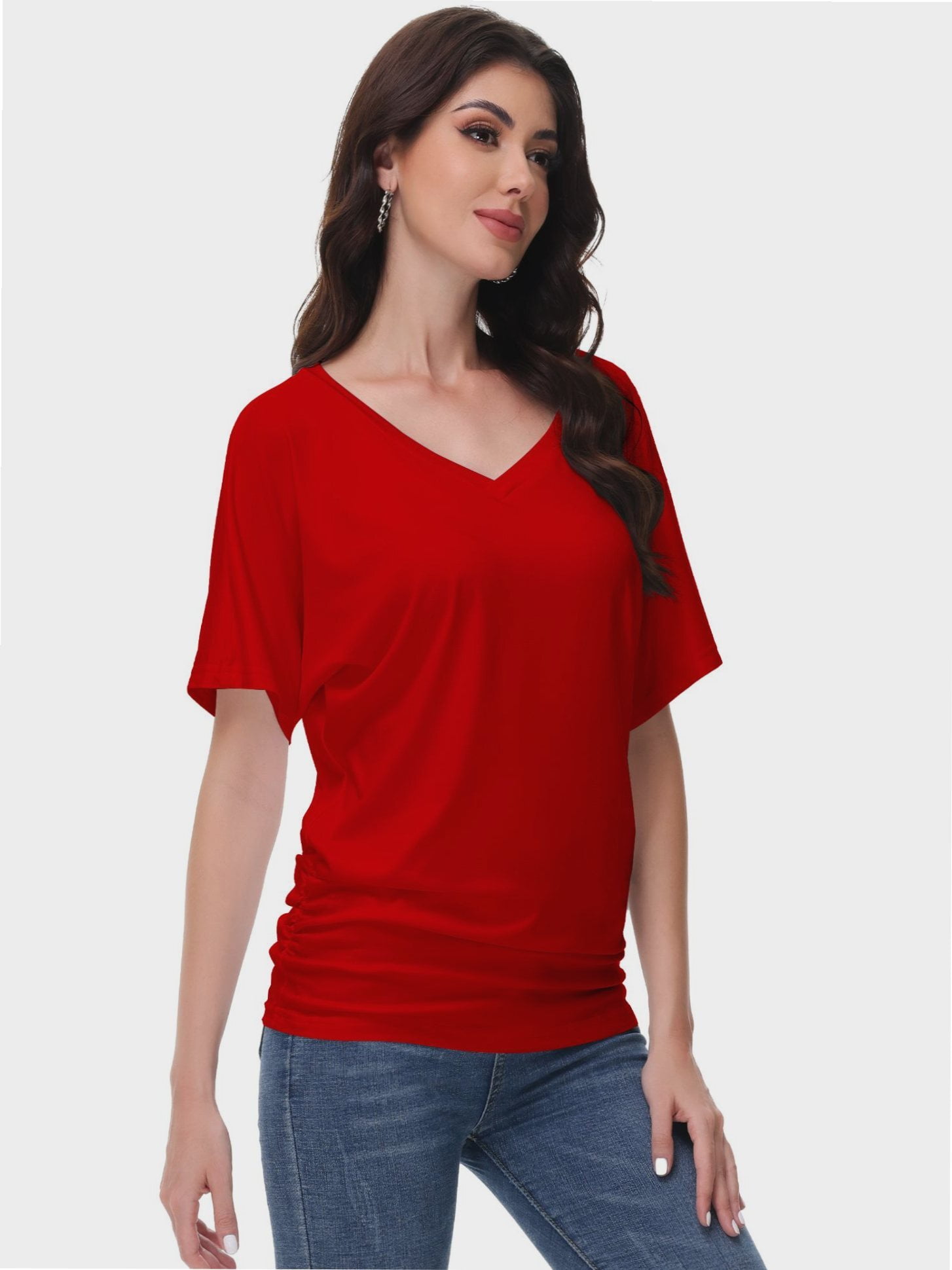 ★GENERAL IDEA★ WOMAN Acetate V-neck Shirring Short Sleeve Womens Short Sleeve V Neck Dolman Tops with Side Shirring