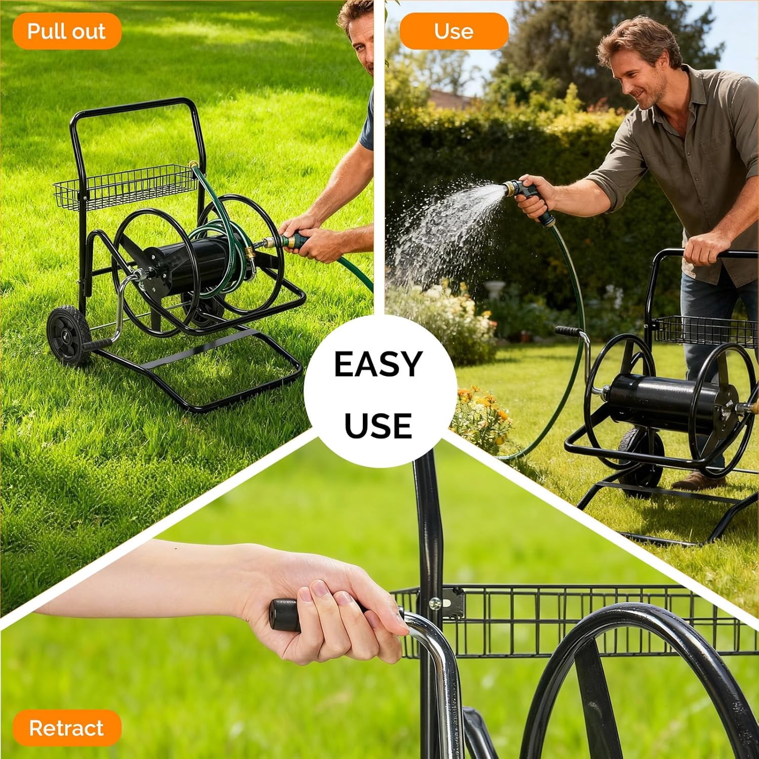 HJTER 2-Wheel Garden Hose Reel Cart, Freestanding Water Hose Reel for Outside with Heavy Duty Portable Rolling Design Metal, 200FT Capacity for 3/4" Hose for Outdoor Use (Black)