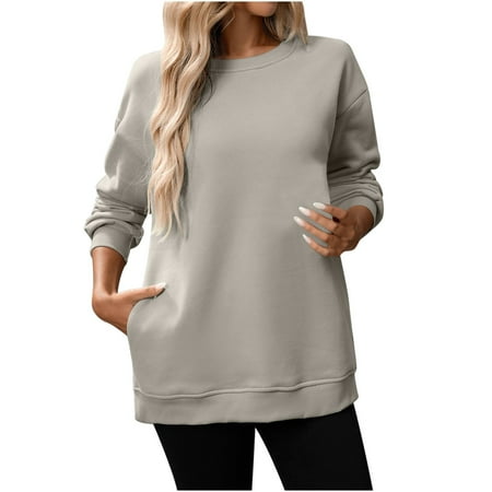 Oversized Sweatshirt Women Casual Loose Pullover Drop Shoulder Long Sleeve Sweatshirts Y2k Tops Warm Pullovers Baggy Fleece Tops Fall Winter Sweatshirts with Pocket #01 Beige M