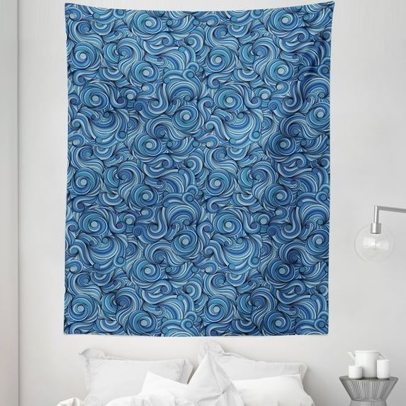 East Tapestry, Zentangle Style Circles Swirling Lines Ornate Exotic Tribal, Fabric Wall Hanging Decor for Bedroom Living Room Dorm, 5 Sizes, Pale Blue Navy Blue, by Ambesonne
