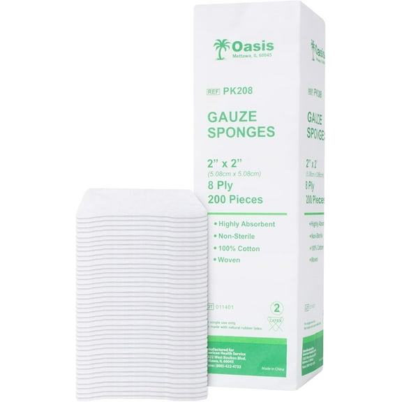 Oasis Gauze Sponges, 100% Cotton, Woven Non-Sterile Gauze (Pack of 200) (2"x2", 8-Ply)